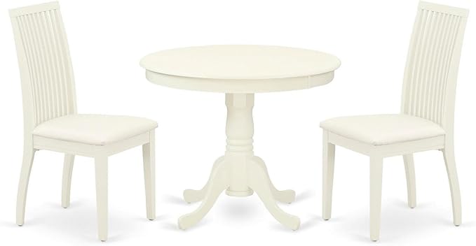 East West Furniture ANIP3-LWH-C 3 Piece Kitchen Set for Small Spaces Contains a Round Table with Pedestal and 2 Linen Fabric Dining Room Chairs, 36x36 Inch - LeafyLoom