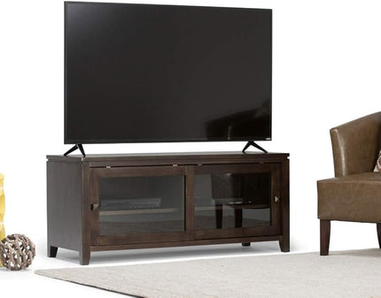 SIMPLIHOME Cosmopolitan SOLID WOOD Universal TV Media Stand, 48 inch Wide, Contemporary, Living Room Entertainment Center, Storage Cabinet, for Flat Screen TVs up to 55 inches in Mahogany Brown - LeafyLoom