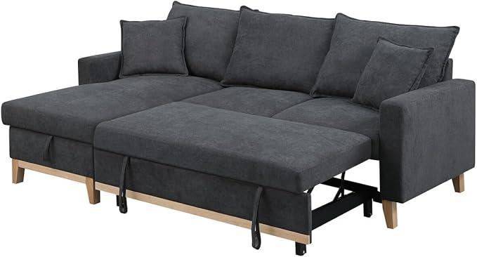 84" Sleeper Sectional Sofa with Storage Chaise, Convertible Woven 3 Seater Corner Couch w/Pull Out Bed, for Living Room Small Space, 84 Inch, Dark Gray - LeafyLoom