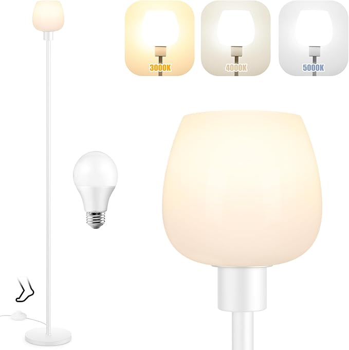 Floor Lamp for Living Room with 3 Color Temperatures, Standing Lamp with White Opal Glass Lampshade, Modern Tall Lamp with Foot Switch, Pole Lamp for Office Bedroom Dining Room, 9W LED Bulb Included - LeafyLoom