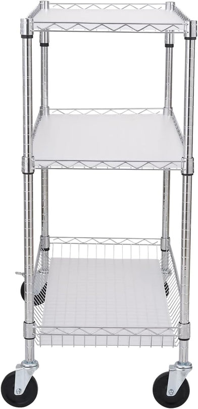 VEVOR Kitchen Utility Cart, 3 Tiers, Wire Rolling Cart with 661 LBS Capacity, Steel Service Cart on Wheels, Metal Storage Trolley with 80 mm Deep Basket Curved Handle PP Liner 6 Hooks, NSF Listed - LeafyLoom
