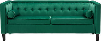 Dreamsir 58'' W Velvet Sofa, Mid-Century Love Seats Sofa Furniture with Bolster Pillows, Button Tufted Couch for Living Room, Tool-Free Assembly (Loveseat, Green) - LeafyLoom