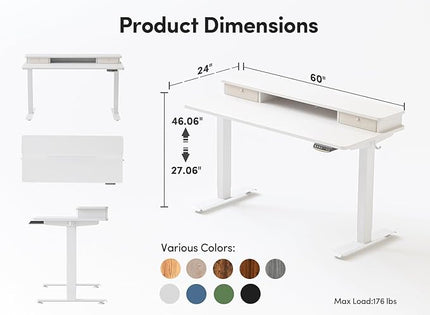 BANTI 60x24 Inch Electric Standing Desk with Double Drawers, Adjustable Height Stand Up Desk, Sit Stand Home Office Desk with Storage Shelf, White Top - LeafyLoom