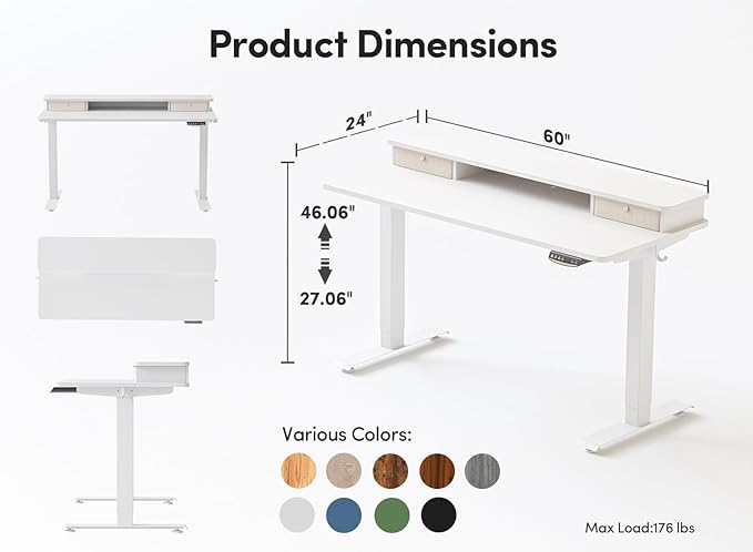 BANTI 60x24 Inch Electric Standing Desk with Double Drawers, Adjustable Height Stand Up Desk, Sit Stand Home Office Desk with Storage Shelf, White Top - LeafyLoom