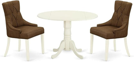 East West Furniture DLFR3-WHI-18 Kitchen Table Set - Parson Dining Room Chairs with Dark Coffee Linen Fabric Seat and Button Tufted Back - Solid Wood Drop Leaves Pedestal Dinner Table (White Finish) - LeafyLoom