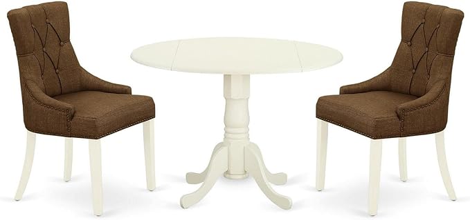 East West Furniture DLFR3-WHI-18 Kitchen Table Set - Parson Dining Room Chairs with Dark Coffee Linen Fabric Seat and Button Tufted Back - Solid Wood Drop Leaves Pedestal Dinner Table (White Finish) - LeafyLoom