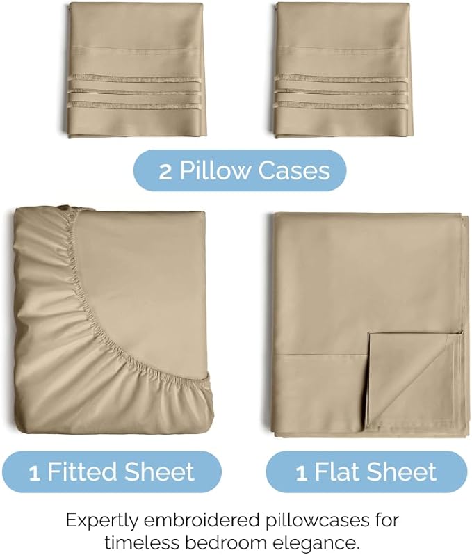 Cal King Size 4 Piece Sheet Set - Comfy Breathable & Cooling Sheets - Hotel Luxury Bed Sheets for Women & Men - Deep Pockets, Easy-Fit, Extra Soft & Wrinkle Free Sheets - Cream Oeko-Tex Bed Sheet Set - LeafyLoom