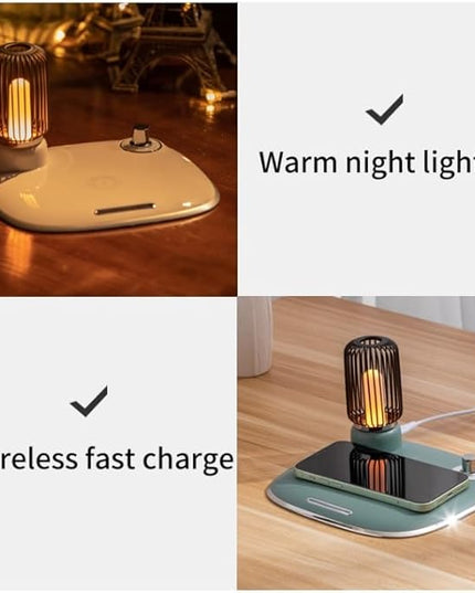Bedside Desk Table Lamp LED with Wireless Charger Night Sleep Light Mode Dimmable Control Rotary Switch Rustic Simple Rotary Switch Metal Lamps cage QI Fast Charging Pad (White) - LeafyLoom