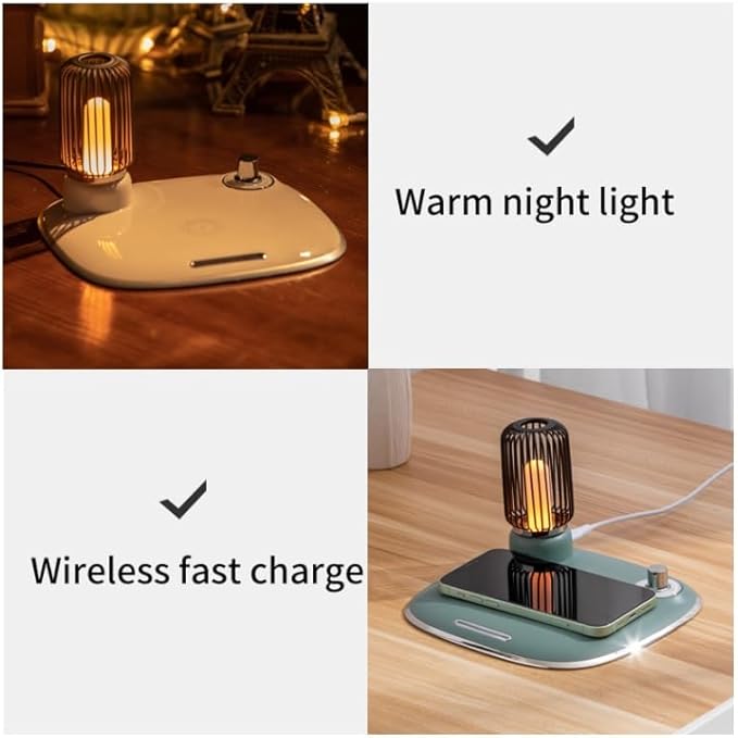 Bedside Desk Table Lamp LED with Wireless Charger Night Sleep Light Mode Dimmable Control Rotary Switch Rustic Simple Rotary Switch Metal Lamps cage QI Fast Charging Pad (White) - LeafyLoom