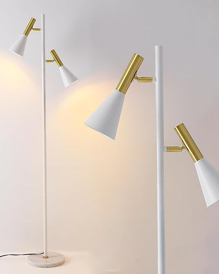 Elegant Modern Floor Lamp with 2 Adjustable Head,White and Gold Stand up Lamps with Marble Base,Tall Pole Uplight,Tree Floor Lamps for Living Room,Office - LeafyLoom