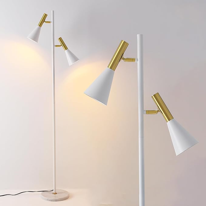Elegant Modern Floor Lamp with 2 Adjustable Head,White and Gold Stand up Lamps with Marble Base,Tall Pole Uplight,Tree Floor Lamps for Living Room,Office - LeafyLoom
