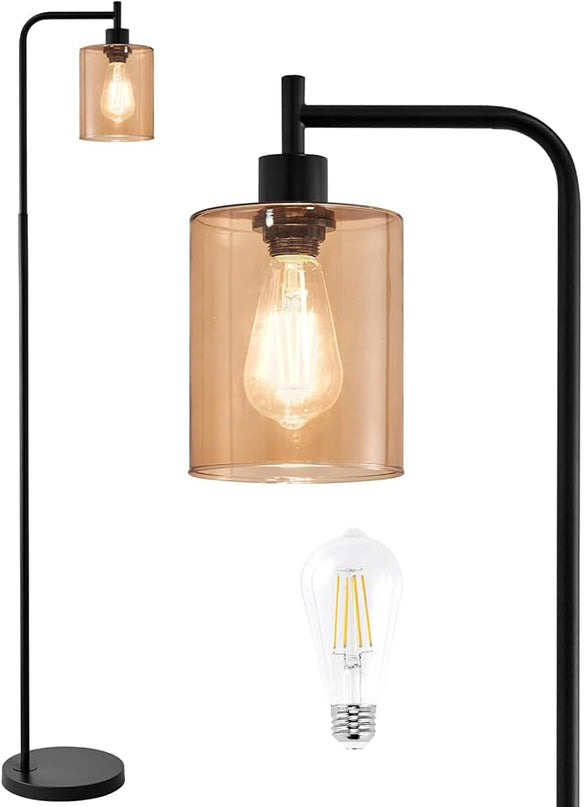 Oneach 66.5 '' Black Floor Lamps for Living Room with Glass Lampshade Tall Floor Lamp with LED Bulb Industrial Standing Lamp for Bedroom - LeafyLoom