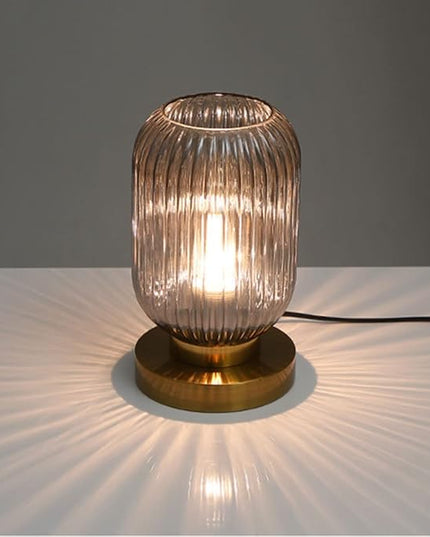 Bedside Table Lamp Mid Century Glass Table Lamps Modern Globe Table lamp Gold Desk lamp nightstand lamp with Pumpkin Design with Ribbed Glass Shade for Bedroom Living Room Office (Smoke gray) - LeafyLoom
