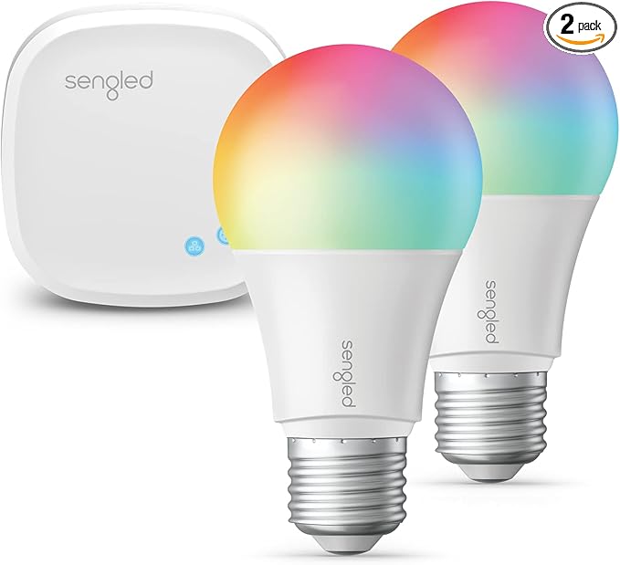 Sengled Smart Light Bulb Starter Kit, Smart Bulbs that Work with Alexa, Google Home, Color Changing Light Bulb, Alexa Light Bulbs, A19 E26 Dimmable Bulbs 800LM, 8.6W (60W Equivalent), 2 Pack with Hub Sengled