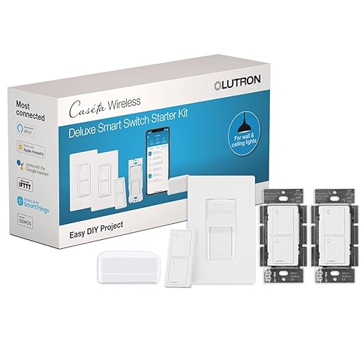 Lutron Caseta Orginal Smart Switch Kit, 2 Smart Light Switches, Pico Remote, Wall Plate Adaptor, & Smart Hub, Works with Alexa, Apple Home, Google Home, 3 Way, 5 Amp, Neutral Required, P-BDG-PKG2WS-WH Lutron