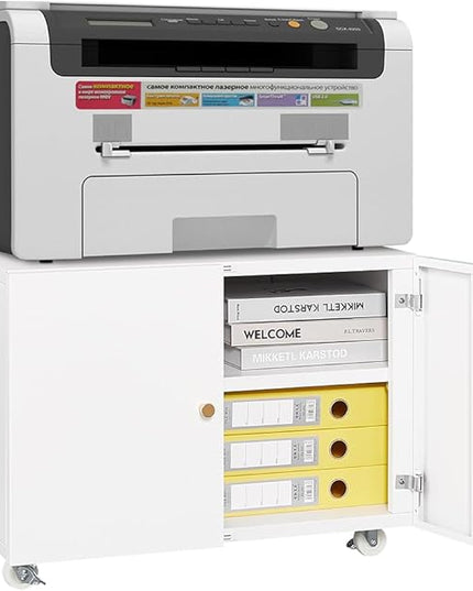 17.70" Metal Office Copier 2 Door and 360 ° Universal Wheel,Mobile Lateral Filing Cabinets w/Aluminum Alloy Handle,Rolling Printer Stand for Legal/Letter/A4,White - LeafyLoom