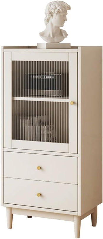Wooden Glass Door Bookcase - 2-Tier Cube Bookshelf Storage Cabinet with Double Drawer and Adjustable Shelf, Solid Wood Legs Cupboard in Warm White - LeafyLoom