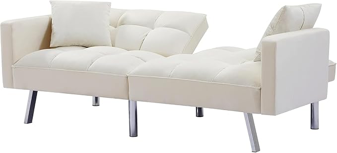 Sofa Modern Convertible Folding Lounge Couch Loveseat Daybed Living Room Furniture Sets with 2 Pillows,3 Adjustable Angles Backrest with 6 Metal Legs for Bedroom,Office-White Sofá - LeafyLoom