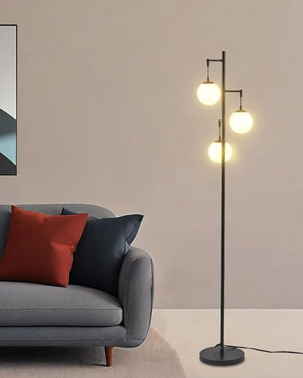 3 Globe Mid Century Modern Globe Floor Lamp with Frosted Glass Shade and 3000K LED Bulbs, Contemporary Retro Black Standing Lamp for Living Room Bedroom Office - LeafyLoom