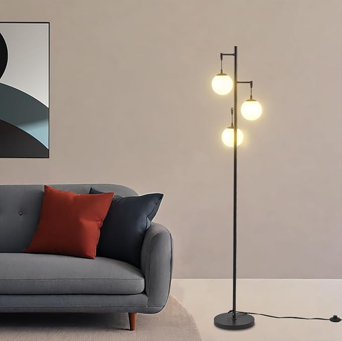 3 Globe Mid Century Modern Globe Floor Lamp with Frosted Glass Shade and 3000K LED Bulbs, Contemporary Retro Black Standing Lamp for Living Room Bedroom Office - LeafyLoom