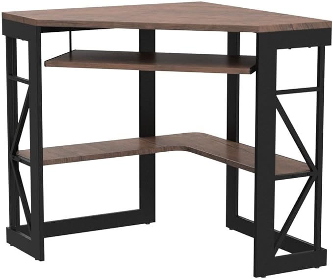 VECELO Corner Computer Desk 41 x 30 inches with Smooth Keyboard & Storage Shelves for Home Office Workstation, Rustic Natural Brown - LeafyLoom