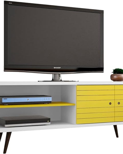 Manhattan Comfort Liberty Mid Century Modern TV Stand for Televisions up to 60 Inches, Bedroom and Living Room Entertainment Center with Storage, Shelves, and Cabinet, 63" Wide, White/Yellow - LeafyLoom