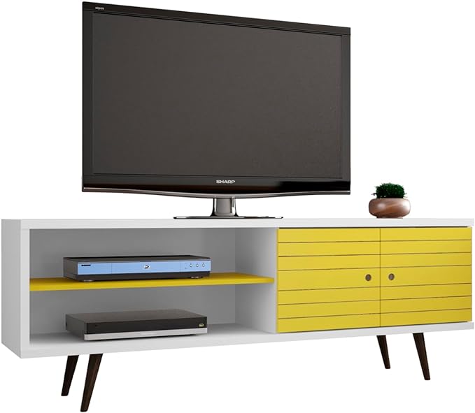 Manhattan Comfort Liberty Mid Century Modern TV Stand for Televisions up to 60 Inches, Bedroom and Living Room Entertainment Center with Storage, Shelves, and Cabinet, 63" Wide, White/Yellow - LeafyLoom