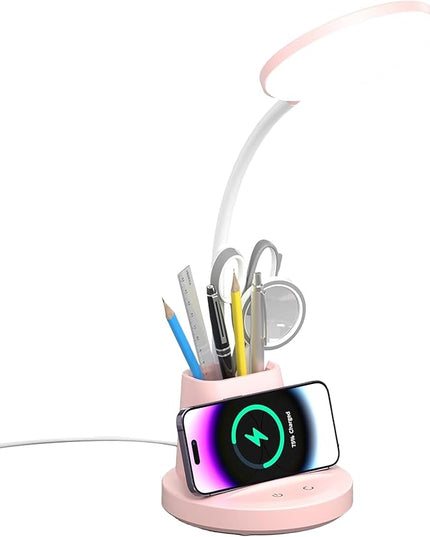 LED Desk Lamp with Wireless Charger for Home Office, Small with Pen Holder, 800LM,3 Color Modes,Gooseneck, Eye-Caring White Desk Lamps for Home College Dorm Room,Pink - LeafyLoom