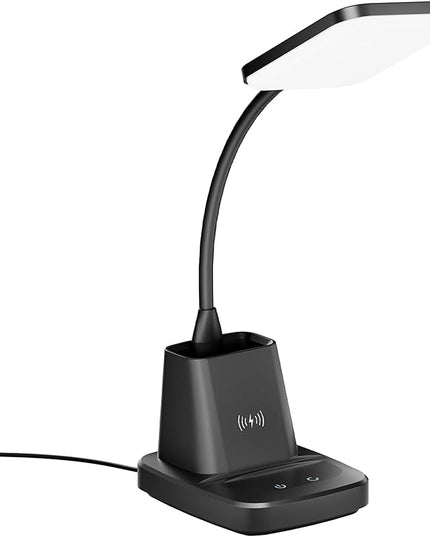 Cotanic LED Desk Lamps for Home Office with Wireless Charger, Stepless Dimmable, 3 Color Modes, Black Study Lamp for College Dorm Room, Touch Control, Pen Holder, CRI 90, 800 Lumen, Adapter Included - LeafyLoom