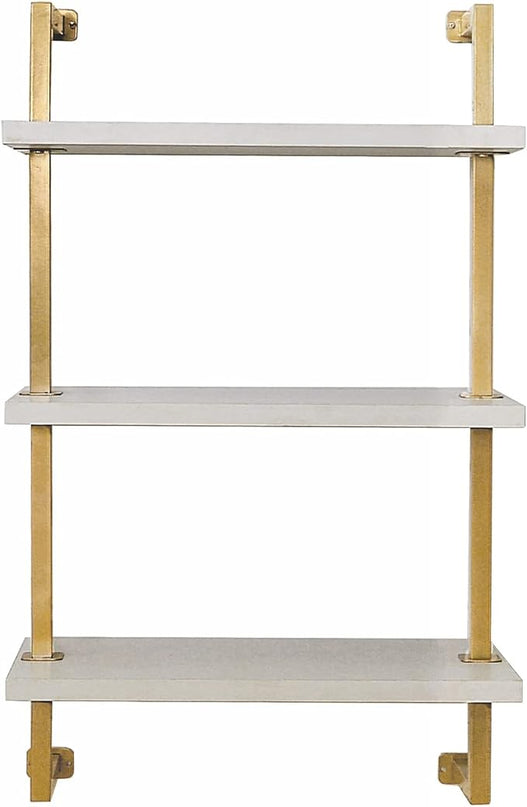 Nathan James Theo 3-Shelf Small Bookcase, Floating Wall Mount Bookshelf with Wood and Industrial Pipe/Metal Frame, White/Brass Gold - LeafyLoom