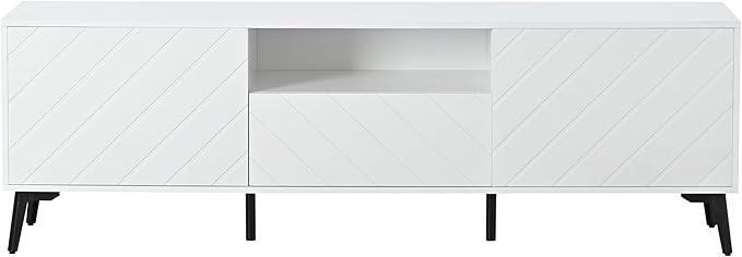 Merax Modern TV Stand for 70" Television, Entertainment Center with Adjustable Shelves, 1 Drawer, Open Shelf and Metal Feet, Media Console Table, for Living Room, 66.9 inch Length, White - LeafyLoom