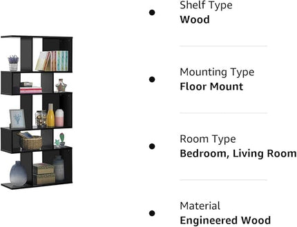 Giantex 5-Tier Geometric Bookshelf Black, 70" Tall Wood Freestanding Decorative Display Open Shelves with Anti-Tipping Device, Each Shelf Holds up to 44 lbs, Wooden S Shaped Bookcase - LeafyLoom