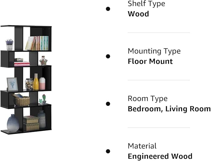 Giantex 5-Tier Geometric Bookshelf Black, 70" Tall Wood Freestanding Decorative Display Open Shelves with Anti-Tipping Device, Each Shelf Holds up to 44 lbs, Wooden S Shaped Bookcase - LeafyLoom