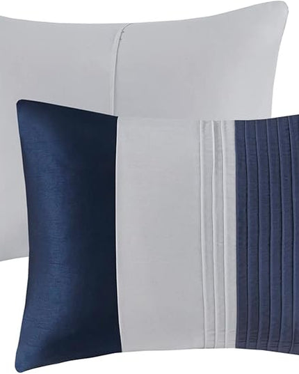 Madison Park Amherst Faux Silk Comforter Set-Casual Contemporary Design All Season Down Alternative Bedding, Matching Shams, Bedskirt, Decorative Pillows, Queen(90"x90"), Navy, 7 Piece (MP10-2207) - LeafyLoom