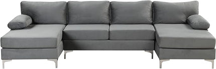 Modern Large Velvet Fabric U-Shape Sectional Sofa, Double Extra Wide Chaise Lounge Couch, Grey - LeafyLoom