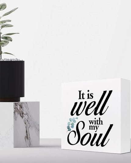 Christian Quote It Is Well With My Soul Wood Box Sign,Holy Bible Quote Decor Desk Sign,Inspirational Song and Hymn Wooden Block Sign for Home Bedroom Office Shelf Tabletop - LeafyLoom
