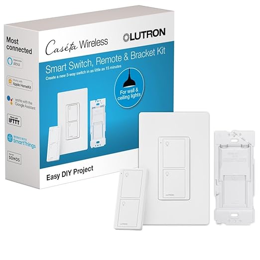 Lutron Caseta Original Smart Switch 3-Way Kit, w/ Pico Remote, Wallplate, and Wall Bracket, for LED Lights and Fans, 5 Amp, Neutral Required, P-PKG1WS-WH Lutron