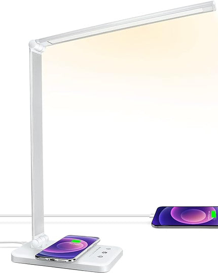 LED Desk Lamp with Wireless Charger, USB Charging Port, Desk Light with 10 Brightness, 5 Color Modes, Dimmable Eye Caring Reading Desk Lamps for Home Office, Touch Control, Auto Timer, White - LeafyLoom