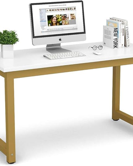Tribesigns Modern Computer Desk, 55 inches Large Office Desk Computer Table Study Writing Desk for Home Office, White Gold Metal Frame - LeafyLoom