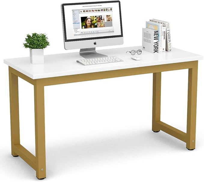 Tribesigns Modern Computer Desk, 55 inches Large Office Desk Computer Table Study Writing Desk for Home Office, White Gold Metal Frame - LeafyLoom