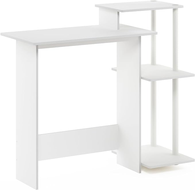 Furinno Efficient Computer Desk, Square Side Shelf, White/White - LeafyLoom