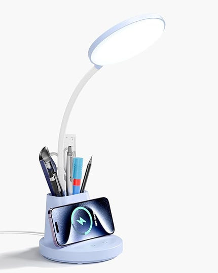 comzler LED Desk Lamp with Wireless Charger Pen Phone Holder, Blue Desk Lamp for Home Office, Dimmable Desk Light 3 Color Modes, College Dorm Study Lamp for College Dorm, CRI 90 800 Lumen - LeafyLoom