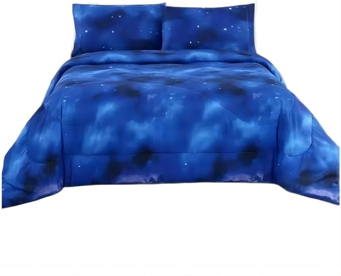3PCS Blue Galaxy Twin Comforter Set, Bed in a Bag Space Twin Quilt Bedding Set, Hotel Luxury, Summer Cute Comforter Twin for Boys Girls Toddler Kids and Teens, Twin - LeafyLoom