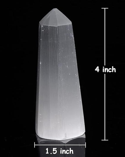 JIC Gem USB Selenite Lamp Hexagonal Crystal Points Selenite Tower Lamp Morocco Skyscraper 4 Inch with Wooden Light Stand Base - LeafyLoom