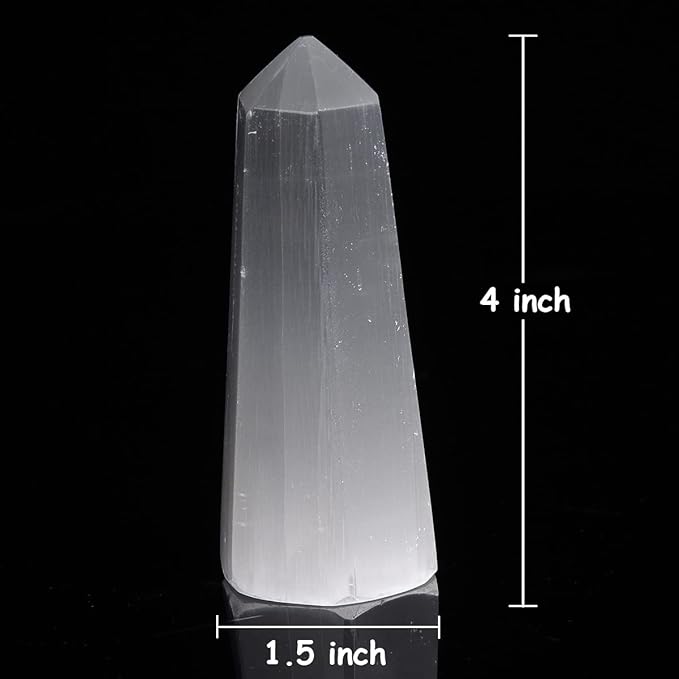 JIC Gem USB Selenite Lamp Hexagonal Crystal Points Selenite Tower Lamp Morocco Skyscraper 4 Inch with Wooden Light Stand Base - LeafyLoom