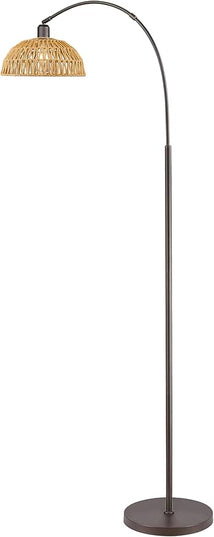 Rattan Floor Lamp, Retro Boho Arc Standing Lamp with Remote Control and LED BuLB Farmhouse Bamboo Lamp Shade Floor Light Industrial Tall Lamp (Oil Rubbed Bronze) - LeafyLoom