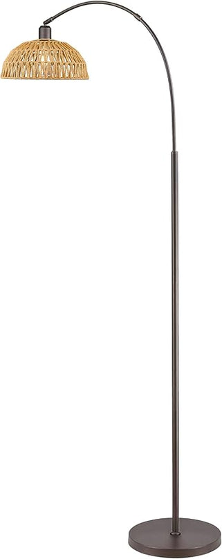 Rattan Floor Lamp, Retro Boho Arc Standing Lamp with Remote Control and LED BuLB Farmhouse Bamboo Lamp Shade Floor Light Industrial Tall Lamp (Oil Rubbed Bronze) - LeafyLoom