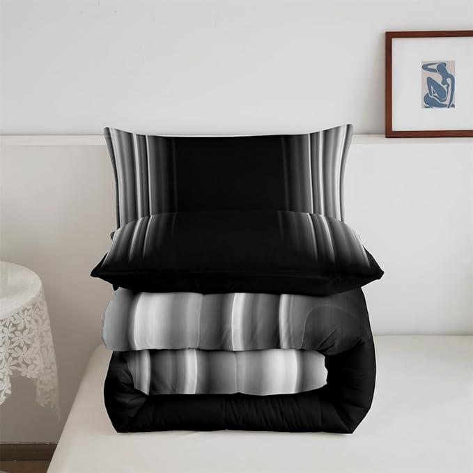 Feelyou Geometric Abstract Ombre Bedding Set Men Adults Teens Grey Gray Black Striped Comforter Set Kids Boys Girls Simple Modern Quiltwith 2 Pillowcases 3Pcs Bedding King Boys - LeafyLoom