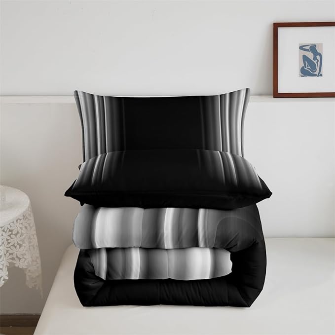 Feelyou Geometric Abstract Ombre Bedding Set Men Adults Teens Grey Gray and Black Striped Comforter Set Kids Boys Girls Simple Modern Quilt Setwith 1 Pillowcase 2Pcs Bedding Twin - LeafyLoom