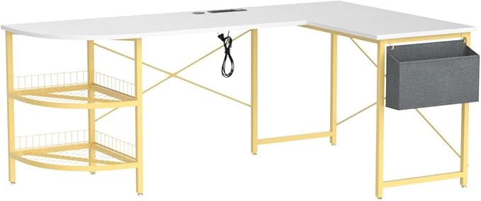 Unikito L Shaped Desk with Power Outlet, 98.4" Reversible Corner Computer Table with Storage Shelves and Bag, Modern 2 Person Large Long Desk for Home Office Writing Study Workstation, White - LeafyLoom